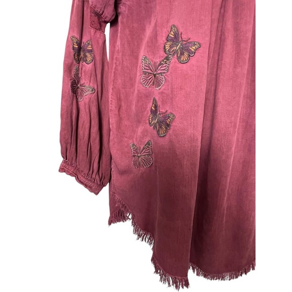 Standard Grace Butterfly Embroidered Boho Top  Size XL  Poet Sleeves Frayed Hem - Picture 6 of 12